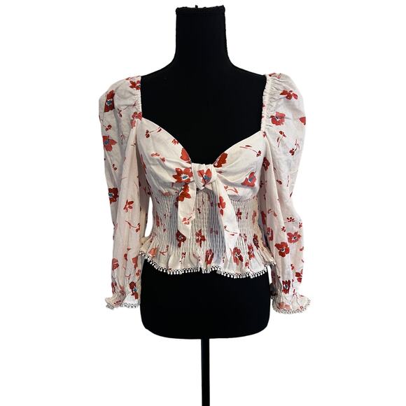 NWT Zara Linen Blend Floral Print Ruched Cream Print Blouse xs - Picture 1 of 12